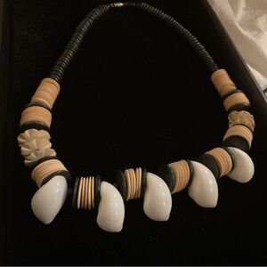 TRIBAL STYLE WOOD AND SHELL DISC BEADS WITH LARGE WHITE SHELL PENDANTS